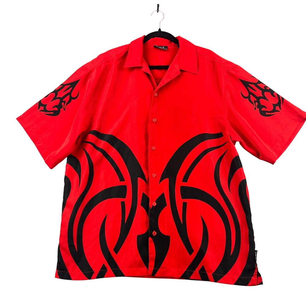 JET STRTWR Mens XL Red Black Tribal Graphic Button Down Shirt Short Sleeve Korea